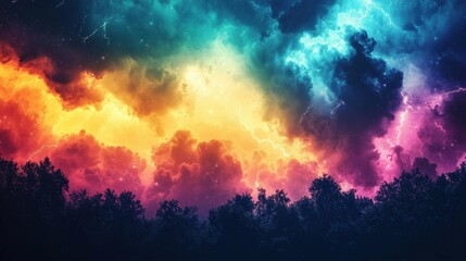 Naklejka premium Dramatic Colorful Sky with Lightning Over Dark Forest Landscape