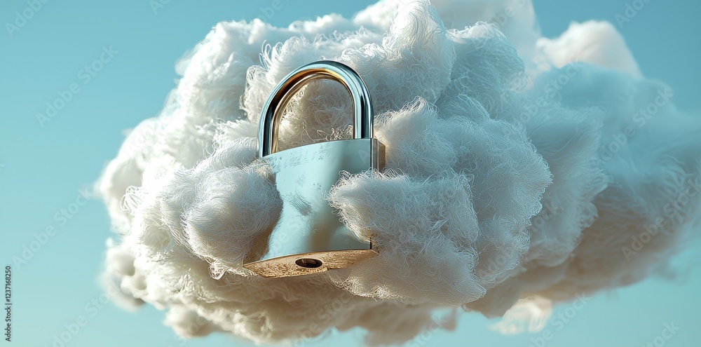 Aufkleber Cloud computing security with a blue cloud and padlock isolated on a white background, presented as a 3D illustration