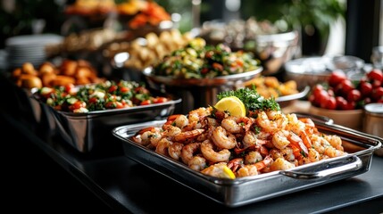 A beautifully arranged shrimp dish in a silver serving tray, highlighting elegance and flavor, perfect for catering or upscale dining experiences.