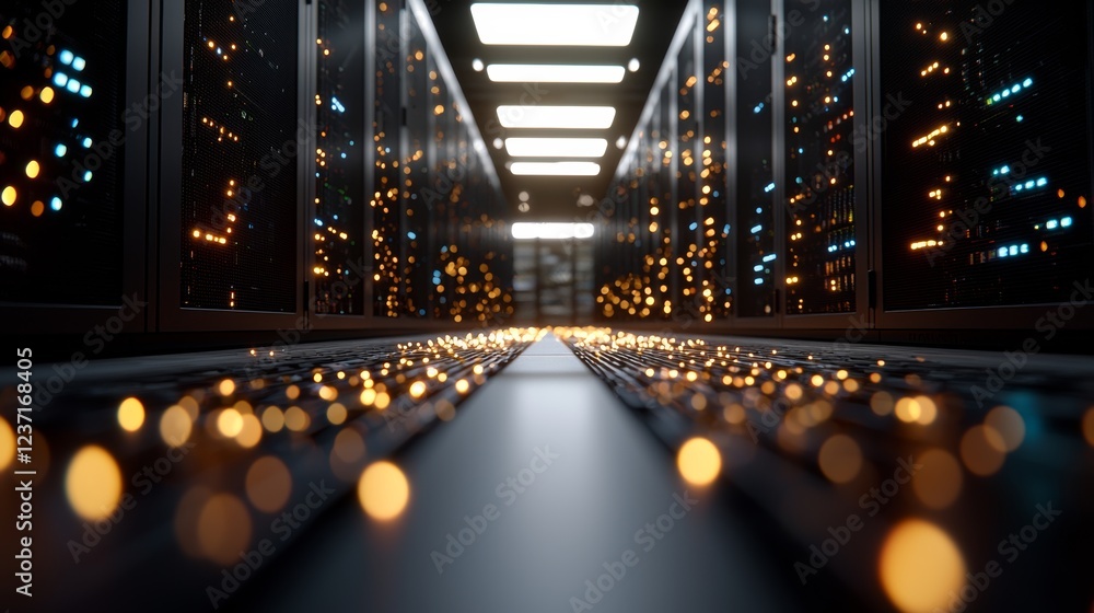 Poster dark data center scene with numerous rows of fully operational server racks. it features modern tele