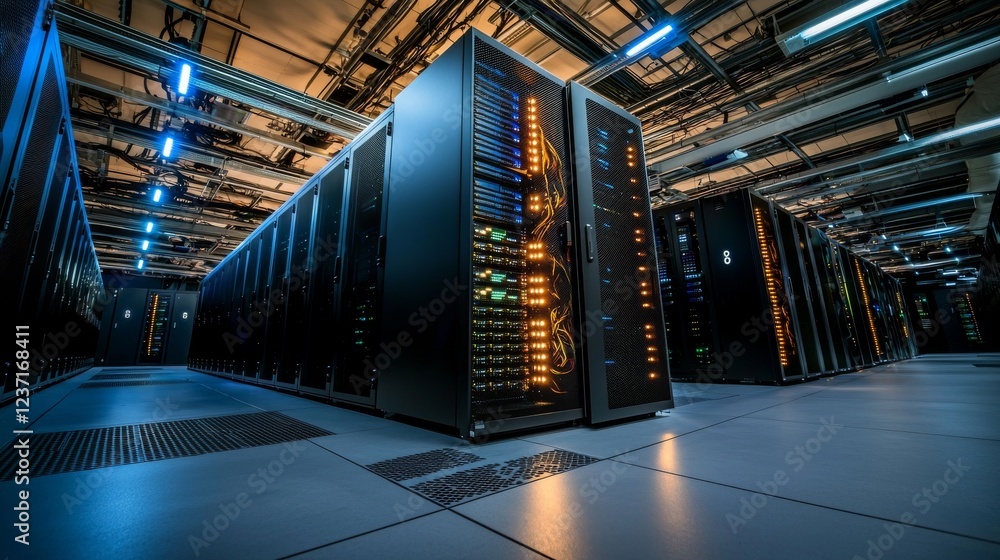 Poster a view of a dark data center with numerous rows of operational server racks, showcasing modern telec