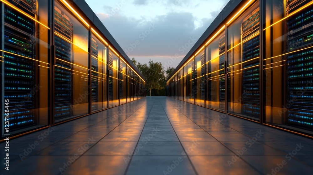Aufkleber An image capturing a data center with multiple rows of fully functional server racks, showcasing modern telecommunications, cloud computing, stock, database, and supercomputer technology