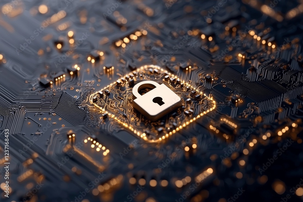 Poster cyber security and the protection of private info and data. integrated circuit with locks in blue. f