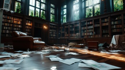 An evocative scene of a neglected library overtaken by nature, featuring scattered papers that resonate with themes of abandonment and nostalgia, enhanced by soft light.
