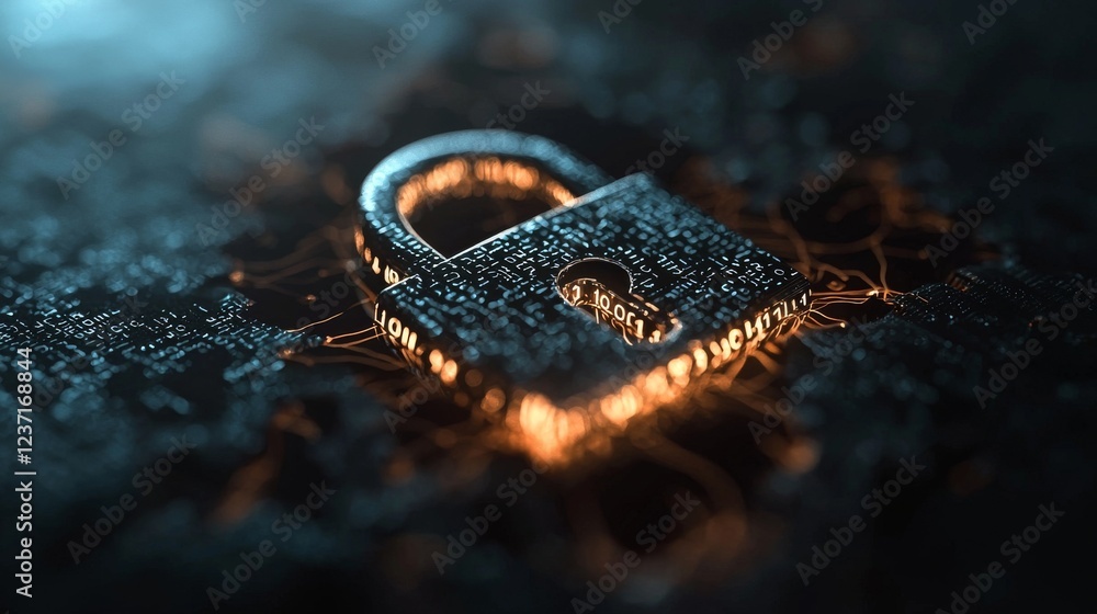 Poster cyber security illustrated by a lock icon to safeguard digital data networks. high-speed data analys