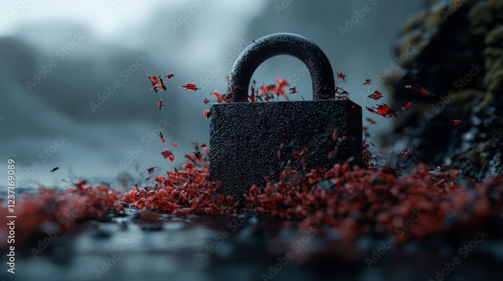 Poster cyber security is breached when the defense is breached. the red key and the structure detonate, sha