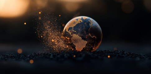 Holographic globe visualized in a polygonal mesh format, representing business globalization, digital data on a planetary scale, cyber security within networks, and activities related to online sales