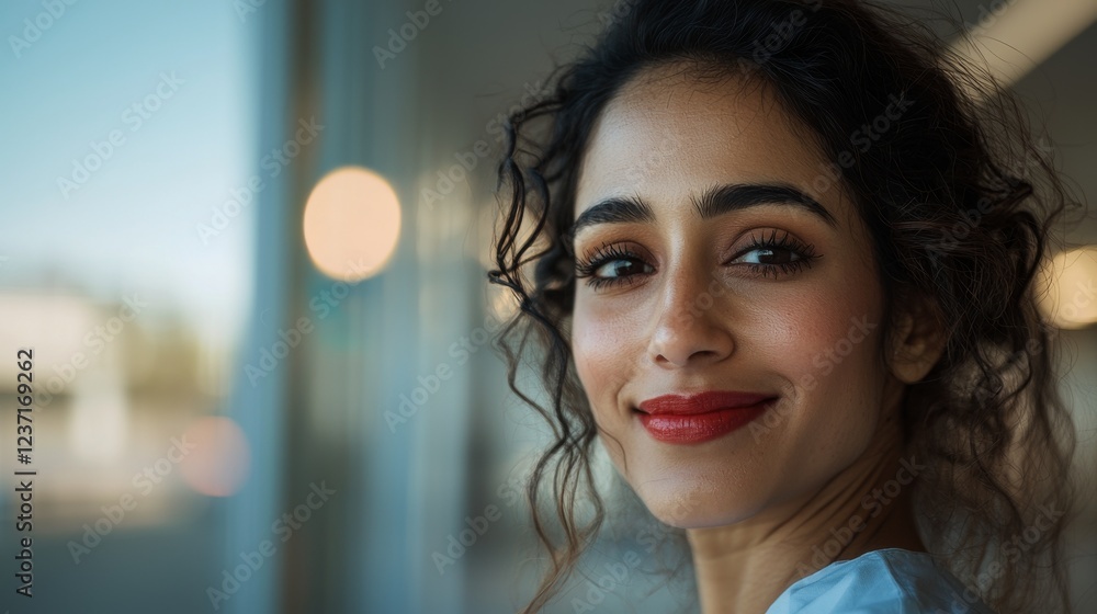 Poster beautiful smiling indian it programmer working on a desktop computer, a diverse office scene. female