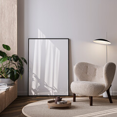 Frame mockup, ISO A paper size. Living room wall poster mockup. Interior mockup with house background. Modern interior design. 3D render

