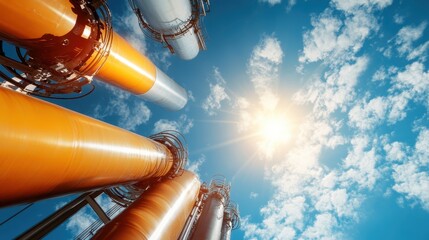 An artistic view of colorful industrial pipes reaching towards the sky, reflecting innovation and the beauty of engineering in a vibrant, sunny atmosphere.