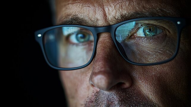 A close-up of a concentrated software engineer wearing glasses, gazing intently at a computer screen while working on big data. The programming code is reflected in the glasses, embodying concepts of