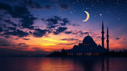 Obraz premium Silhouette of mosque against a twilight sky filled with stars and a crescent moon
