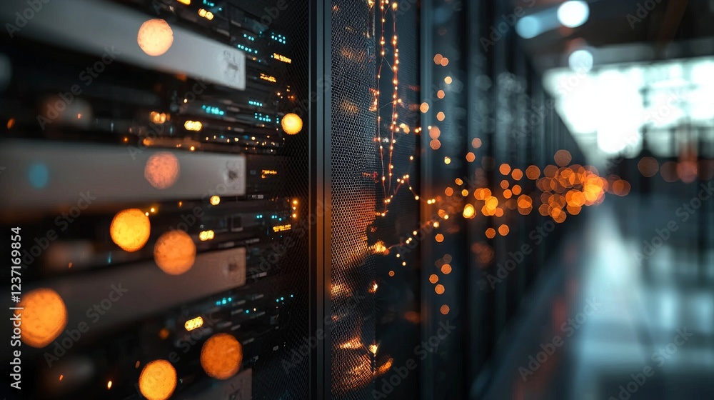 Poster imagine a cutting-edge data center where rows of server racks stand neatly aligned, supported by adv