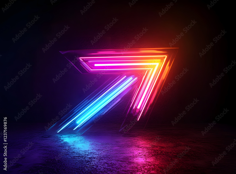 Poster abstract vibrant arrow design. multicolored neon streaks radiate from a central, glowing point, sugg