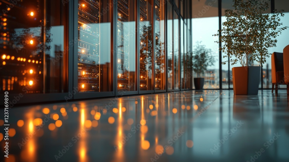Poster visualize a state-of-the-art data center featuring meticulously organized rows of server racks, equi