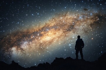 Naklejka premium Stargazer admires the Andromeda galaxy in a dark sky full of stars