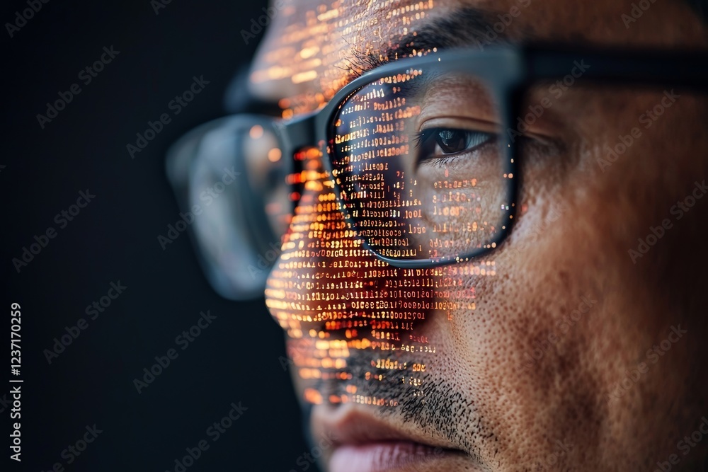 Poster a male person, focused on programming and coding, interacts with a hologram and engages in cyber sec