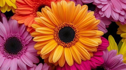 Vibrant close-up of a bouquet of colorful gerbera daisies.  A mix of warm and cool tones creates a cheerful and lively scene.