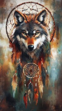 Wolf head with dreamcatcher and feathers in a mystical art style on a textured background