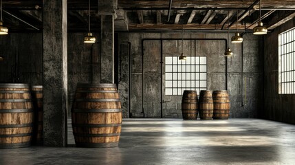 Rustic Warehouse Interior with Wooden Barrels and Industrial Design