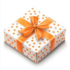 Orange polka dot gift box with ribbon and bow on white background