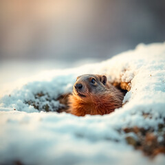 Obraz premium Macro image of a groundhog peeking out of a snowy burrow.