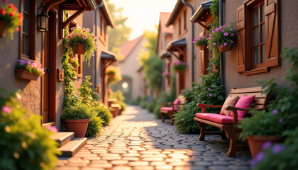 Fototapeta premium A charming cobblestone alleyway lined with quaint houses adorned with flowers, inviting seating, and warm sunlight creating a serene atmosphere.