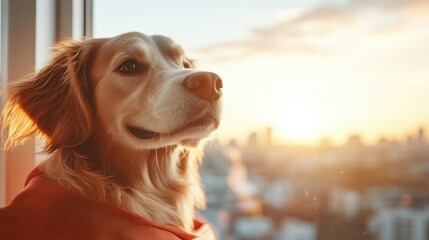 A golden retriever looks out at a breathtaking sunset, capturing a moment of tranquility and peace, representing loyalty and the beauty of nature.