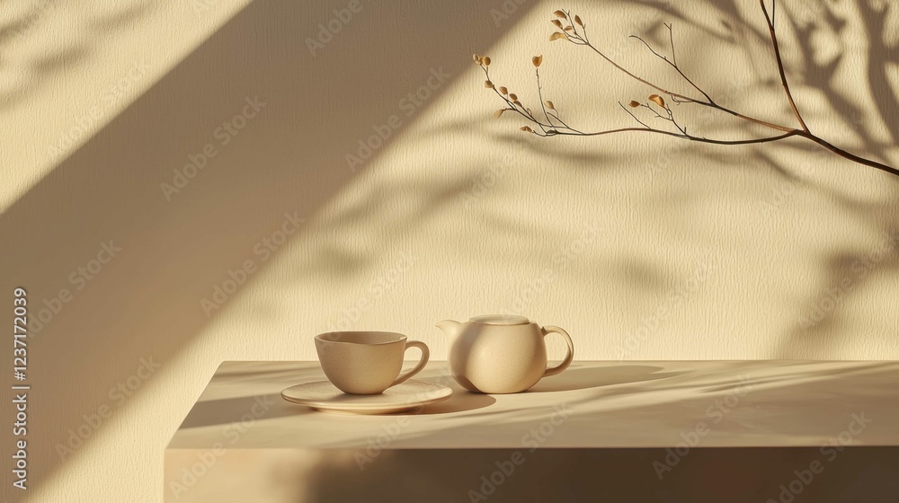 Poster serene minimalist tea set on table with soft shadows and light