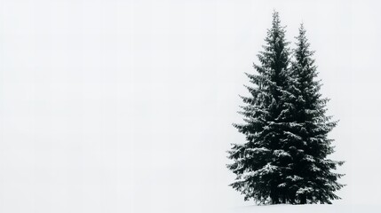Two snow-covered evergreen trees stand tall against a bright white winter sky.  A serene winter scene.