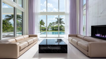 A luxurious Florida living room with a white quartz fireplace