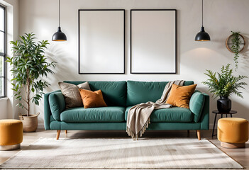 Fototapeta premium Neutral Toned Living Room with Frame Mockup - Elegant Minimalist Interior Design