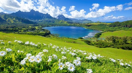 Mountain lake, island meadow, wildflowers, sunny day, travel postcard