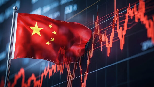 China flag with stock market finance economy trend graph digital technology