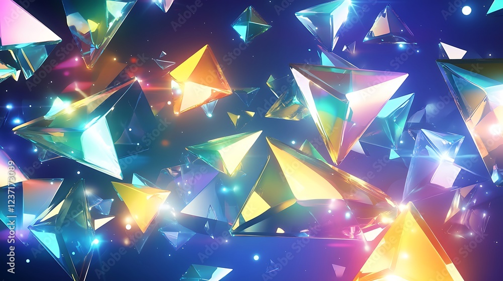 Poster Glowing iridescent triangular pyramids float in space