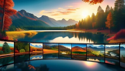 a film strip unfolded on a flat surface within its frames various landscapes are displayed scenes include tranquil lakes forested areas and mountain vistas that capture a variety of natural beauty ai