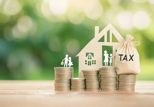 Family tax benefit / residential property or estate tax concept : Tax burlap bag, family members, house on rows of coin money, depicts mandatory financial charge / type of levy imposed upon a taxpayer