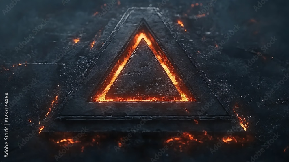 Poster fiery triangle embedded in dark stone surface