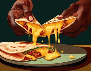a pair of hands pulls apart a cheesy quesadilla revealing melted cheese stretching between the two halves the rest of the quesadilla sits on a plate in the background ai