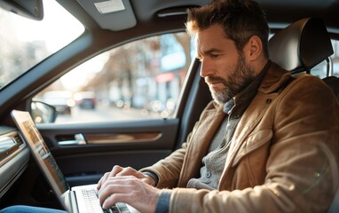 Senior man working on laptop sitting in car. Workation concept, digital nomad, flexible travel productivity, adventure, location independent, on the go, remote mobile office, explore balance, getaway