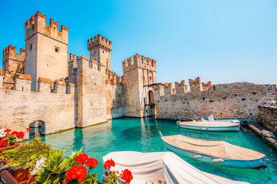 Rocca Scaligera Castle in Sirmione Lake Garda, Italy. Lago di garda