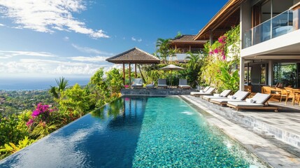 Fototapeta premium Luxurious Villa with Infinity Pool Overlooking Tropical Landscape