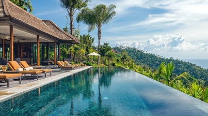 Fototapeta premium Luxurious Infinity Pool Overlooking Tropical Landscape in Bali