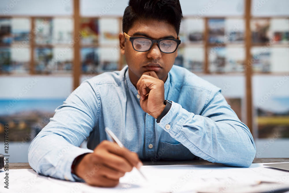Poster man, thinking and writing in office for business, notes and contract review in architecture planning