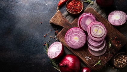fresh red onions and sliced onion rings on a rustic table accompanied by spices and dark textured background