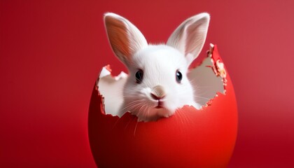 a cute white bunny peeking out of a cracked red egg against a solid red background creating a bold and minimalist easter themed composition