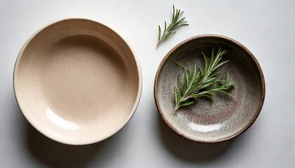 Two mud bowls, with green rosemary twigs