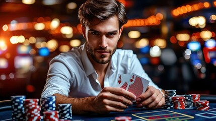 Poker Night: A Man Plays Poker in a Casino