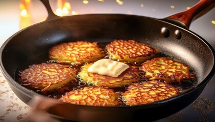 frying latkes in pan hanukkah traditional food