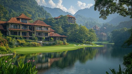 Fototapeta premium Serene Lakeside Resort Nestled in Lush Mountains